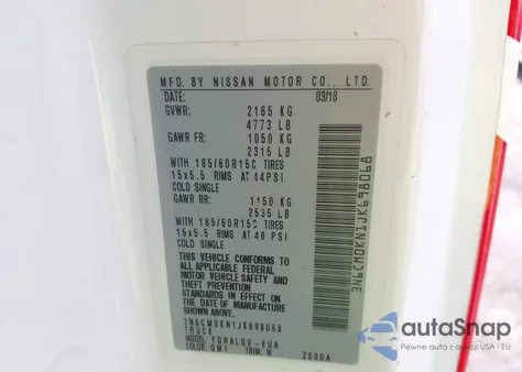 2018 Nissan Nv200 Sv z USA, uszkodzony, nr VIN 3N6CM0KN1JK698068